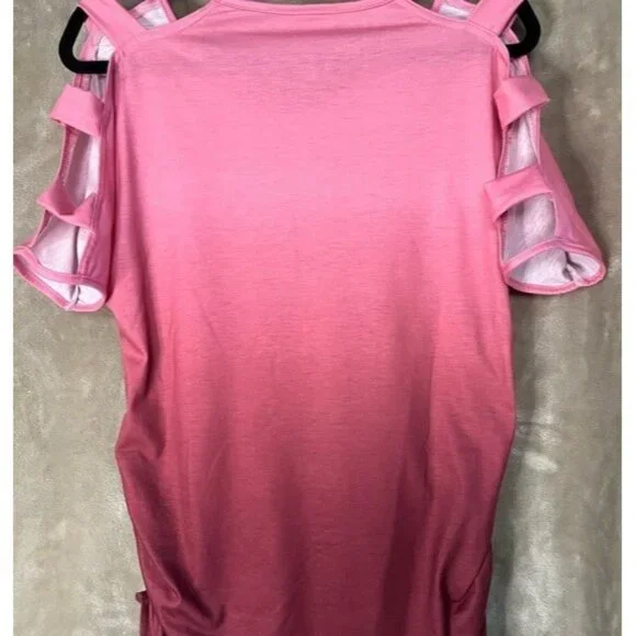 Womens V Neck Short Sleeve Cold Shoulder Cutouts Shirt Light Rose Burgundy, Wine - Picture 13 of 16